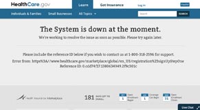 A warning screenshot of the healthcare.gov site when the system was down