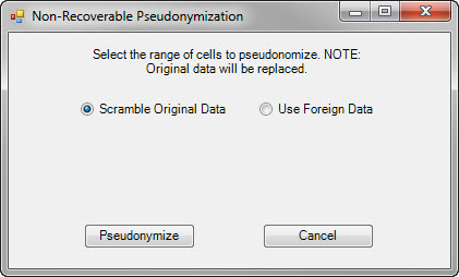 Non-Recoverable Pseudonymization dialog box