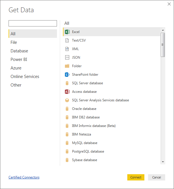 Power BI get data interface