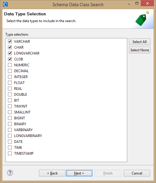 Schema data class search data type selection