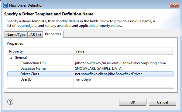 Driver template and definition name for Snowflake