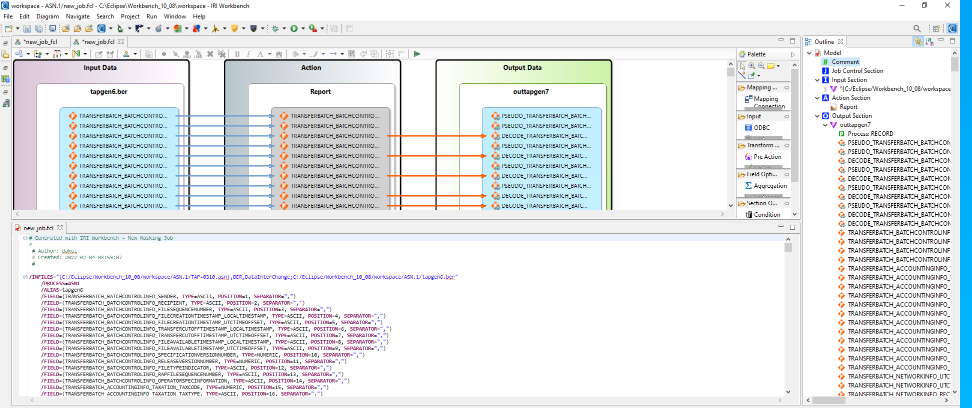 SortCL script displayed in IRI Workbench along with a transform mapping diagram and script outline.