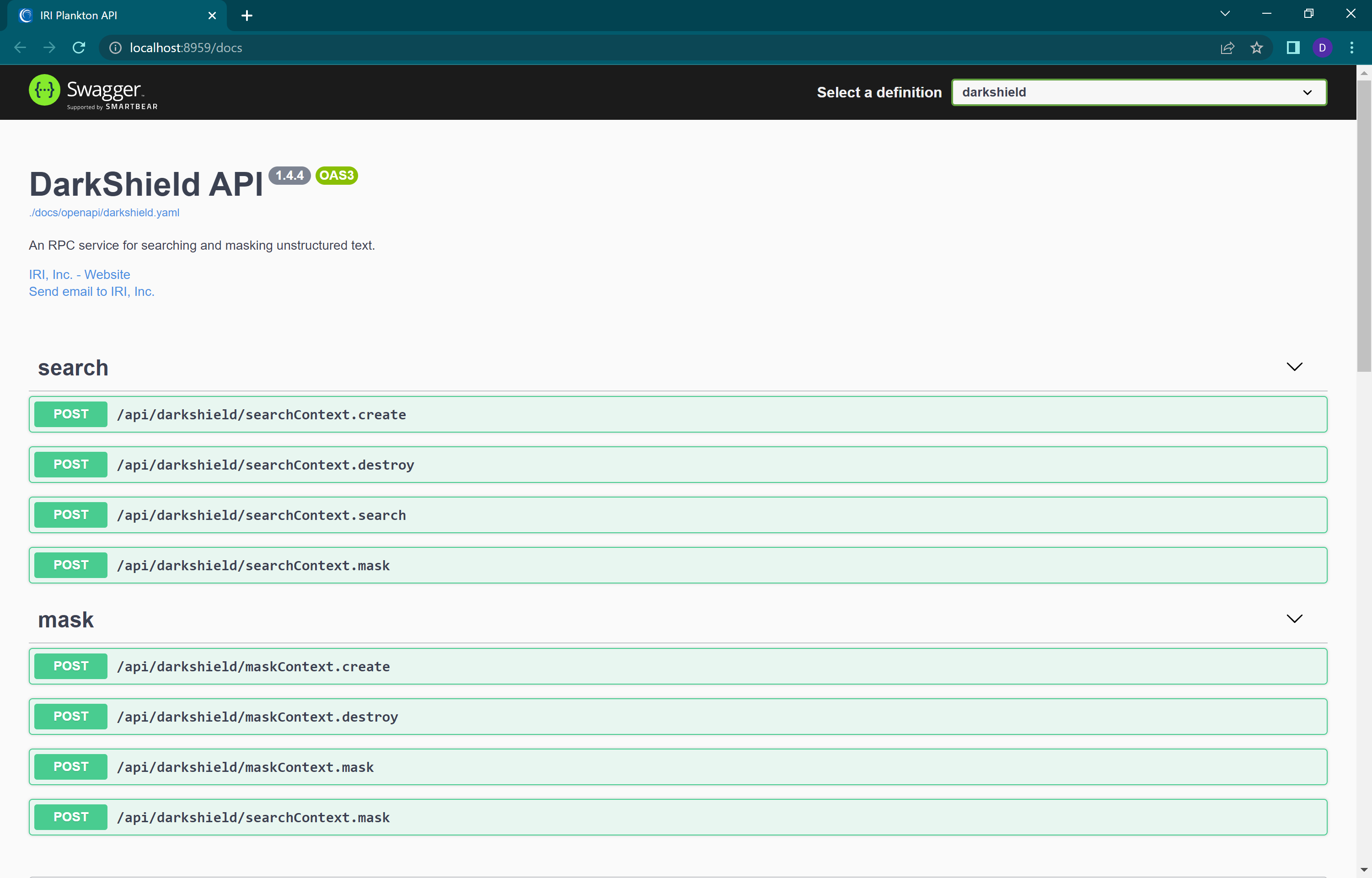 This image shows base endpoints of the DarkShield API for searching and masking text