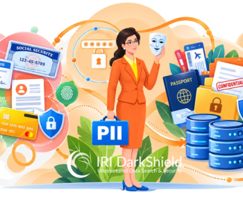 Illustration of IRI DarkShield PII discovery and masking, featuring personal identification documents, sensitive data, security shields, and relational databases.