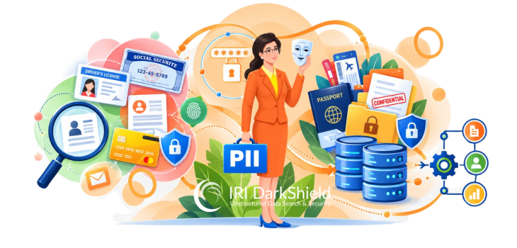 Illustration of IRI DarkShield PII discovery and masking, featuring personal identification documents, sensitive data, security shields, and relational databases.