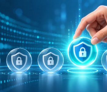 Hand selecting a glowing cybersecurity shield from multiple security icons, representing the evaluation and selection of a data masking tool to protect sensitive information.