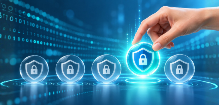 Hand selecting a glowing cybersecurity shield from multiple security icons, representing the evaluation and selection of a data masking tool to protect sensitive information.