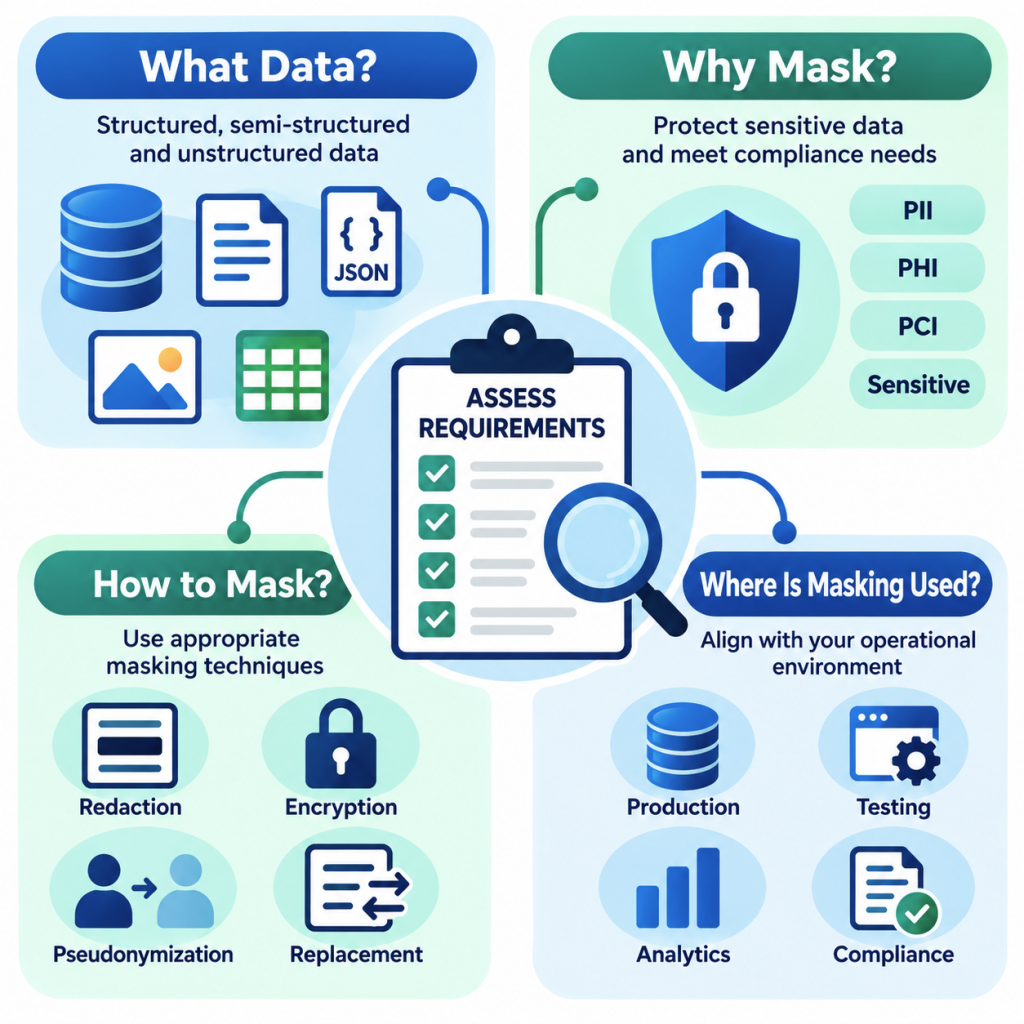 IRI data masking requirements infographic showing data types, sensitive information, masking techniques, and operational environments for evaluating data protection needs.