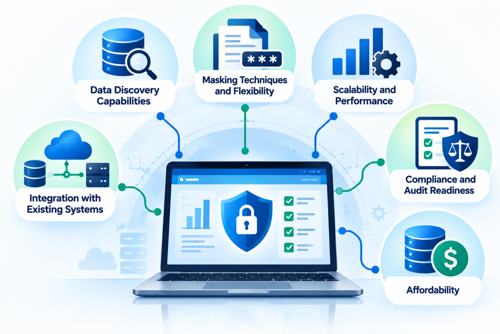 Data masking tool evaluation criteria infographic illustrating data discovery, masking techniques, scalability, system integration, compliance, and affordability around a secure data management system.