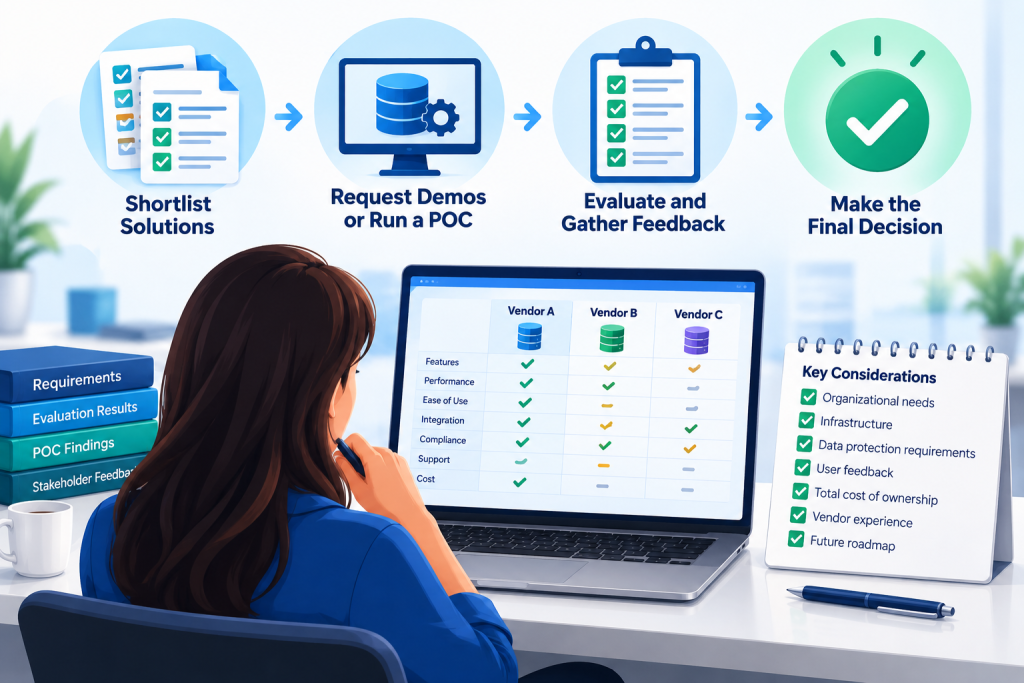 Data masking tool selection workflow showing shortlisting solutions, requesting demos or a proof of concept, evaluating feedback, and making the final decision.