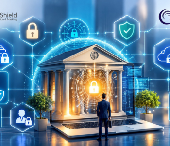 IRI FieldShield and DarkShield data masking solutions protecting banking and financial data, illustrated with a secured bank, encryption icons, and GDPR and PCI compliance symbols.