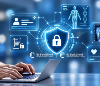 Healthcare professional using a laptop with secure patient records, medical imaging, and data protection icons, featuring IRI FieldShield and DarkShield for healthcare data masking and privacy.