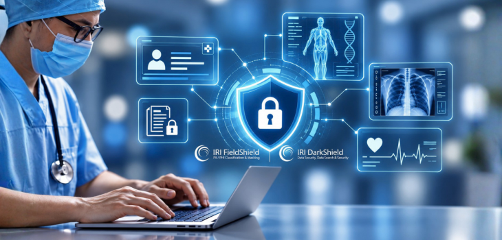 Healthcare professional using a laptop with secure patient records, medical imaging, and data protection icons, featuring IRI FieldShield and DarkShield for healthcare data masking and privacy.