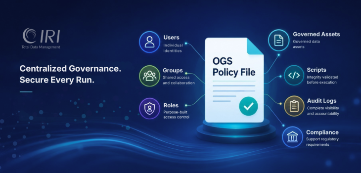 IRI OGS Policy File featured image showing centralized runtime governance, access control, audit logging, script validation, and compliance management.