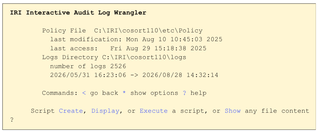 IRI Interactive Audit Log Wrangler command-line interface showing the policy file, logs directory, log count, date range, and script options.