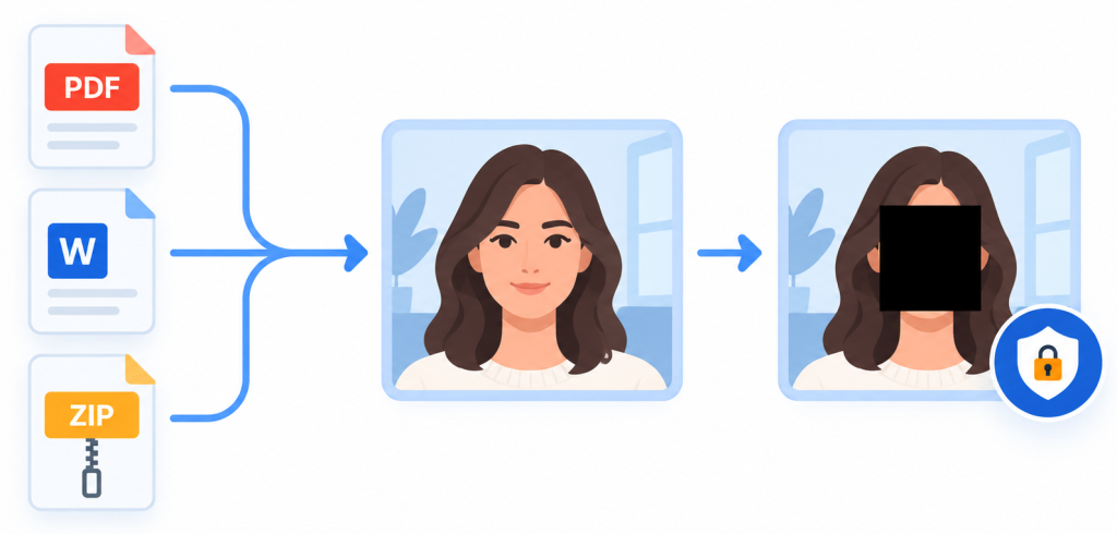 Workflow diagram showing PDF, Word, and ZIP files leading to an embedded image, followed by the same image with the face redacted and a privacy shield icon