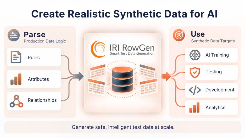 IRI RowGen workflow showing rules, attributes, and relationships used to generate realistic synthetic data for AI training, testing, development, and analytics.