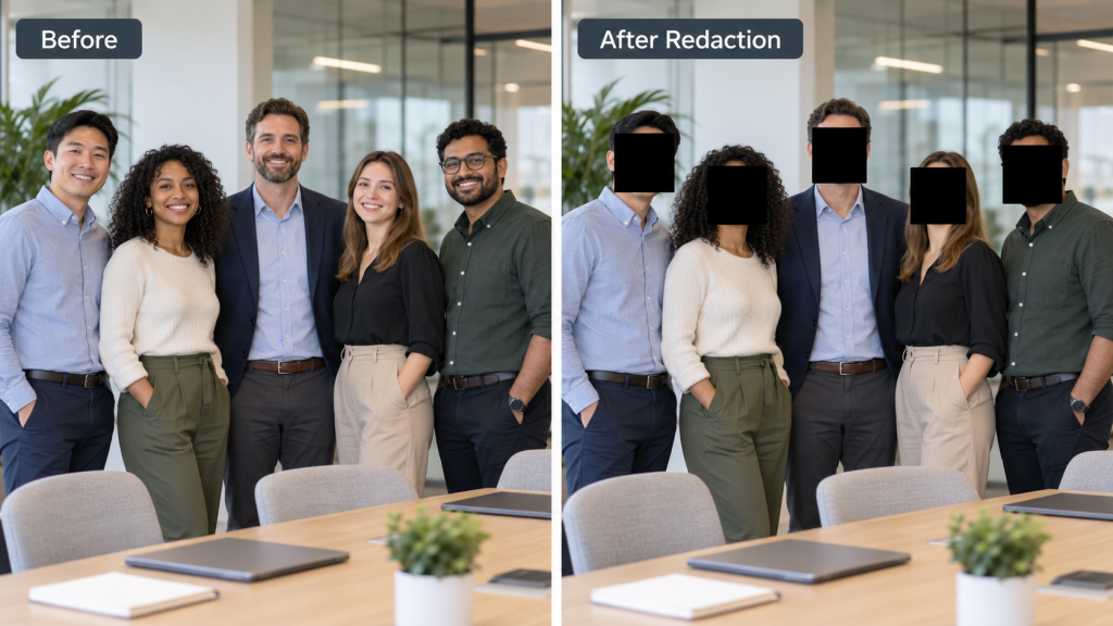 Group photo before and after DarkShield automatically redacts detected faces