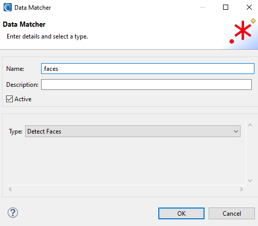 IRI Workbench Data Matcher dialog with Detect Faces selected as the matcher type