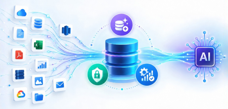Enterprise data from databases, documents, spreadsheets, PDFs, images, email, cloud, and file sources is prepared, protected, transformed, and improved before flowing into AI applications.