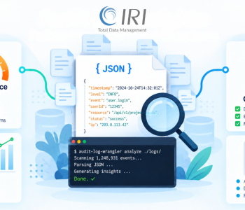 Audit log analysis illustration showing performance metrics on the left, JSON log inspection and command-line querying in the center, and security and compliance review on the right.