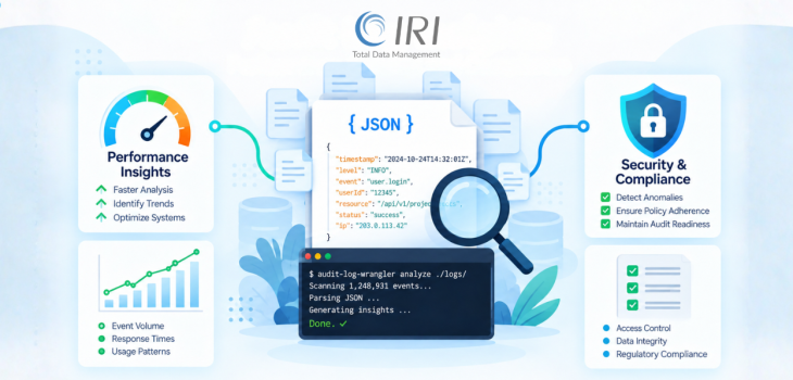 Audit log analysis illustration showing performance metrics on the left, JSON log inspection and command-line querying in the center, and security and compliance review on the right.