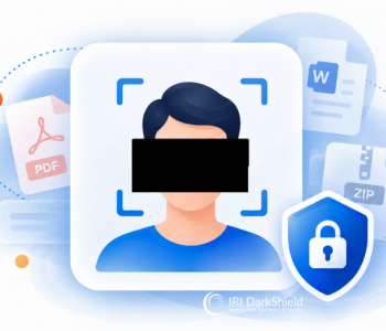 Illustration of a redacted face inside a detection frame with a shield lock icon and faded PDF, Word, and ZIP files in the background