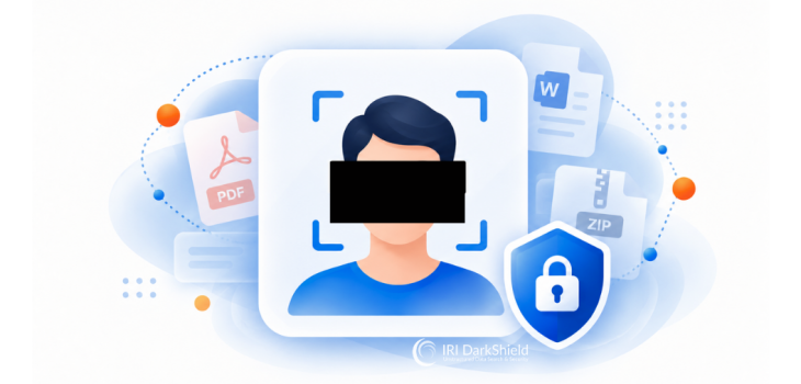 Illustration of a redacted face inside a detection frame with a shield lock icon and faded PDF, Word, and ZIP files in the background