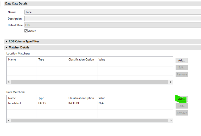 IRI Workbench Data Class Details showing a Face data class with the facedetect data matcher configured