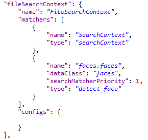JSON FileSearchContext configuration showing the DarkShield detect_face matcher for facial detection