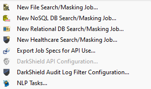 IRI Workbench DarkShield menu showing the Export Job Specs for API Use option for REST API integration.