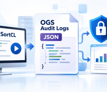 Alt text: IRI OGS audit logging illustration showing the IRI logo, SortCL job execution, JSON audit records, security monitoring, and performance analysis.