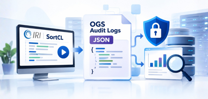 Alt text: IRI OGS audit logging illustration showing the IRI logo, SortCL job execution, JSON audit records, security monitoring, and performance analysis.