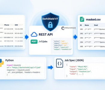 DarkShield V7 REST API workflow showing Python and JSON job specifications used to mask PII in a CSV file, transforming sensitive data into masked output.