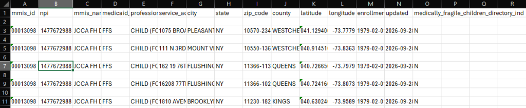 Original unmasked CSV file showing sensitive data fields, including service addresses, ZIP codes, counties, latitude, and longitude, before processing with the DarkShield V7 API.