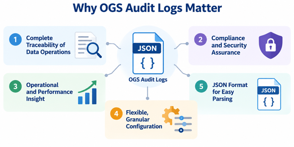 IRI OGS audit logs infographic illustrating five benefits: data traceability, security and compliance, performance insights, flexible configuration, and JSON parsing.
