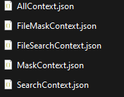 Five JSON context files exported from IRI Workbench for DarkShield API calls, including AllContext, FileMaskContext, FileSearchContext, MaskContext, and SearchContext.