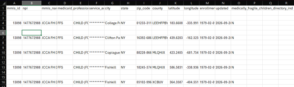 Masked CSV file generated by the DarkShield V7 API showing redacted service addresses, encrypted ZIP codes, counties, latitude, and longitude values.
