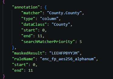 DarkShield V7 Results.json output showing the County data class matcher, masked result, and AES-256 format-preserving encryption rule.