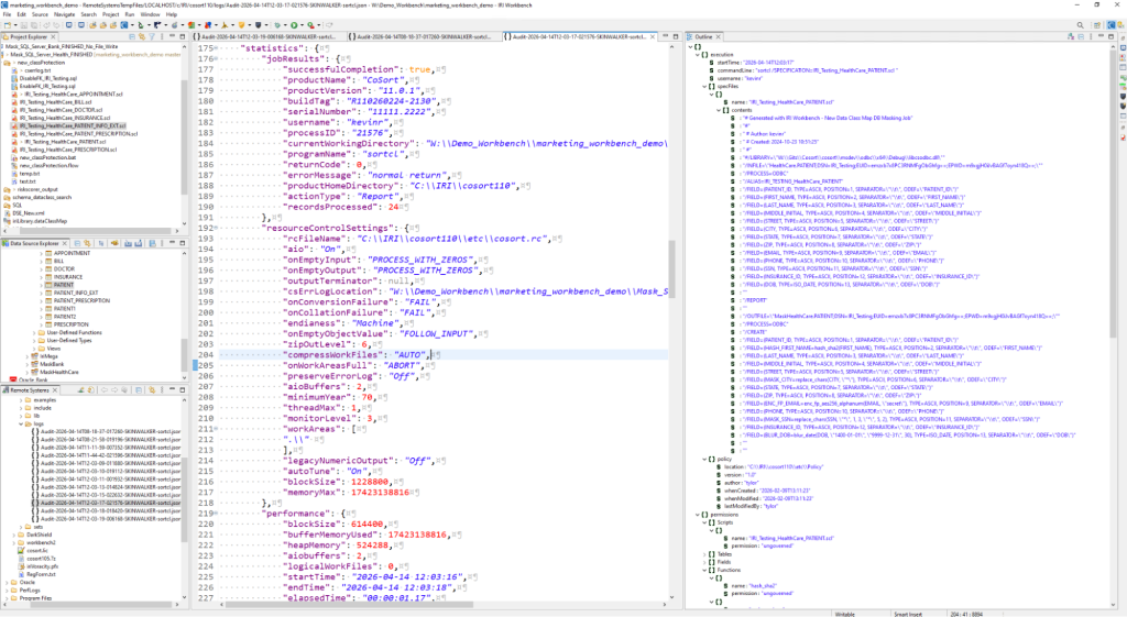 IRI Workbench displaying a structured JSON OGS audit log with SortCL execution attributes, runtime statistics, and job information.